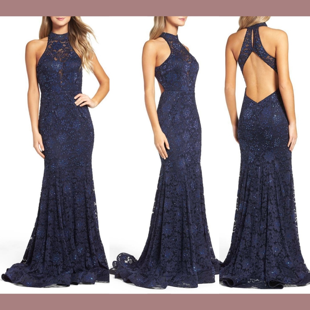 NEW! $568‎ La Femme Rhinestone Lace Gown in Navy Blue [SZ 2 ]